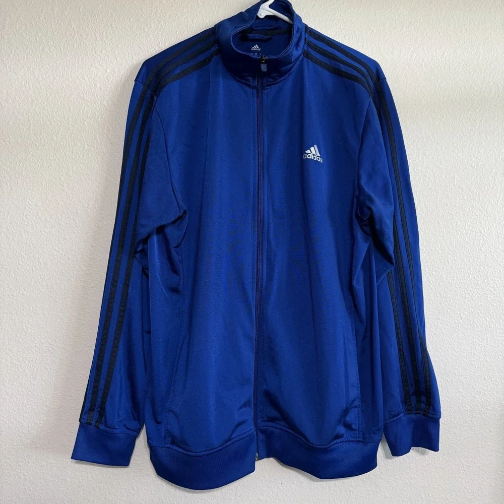 Adidas Essential Track Jacket Men's Large Blue 3-Stripe Full Zip Sports Tracking